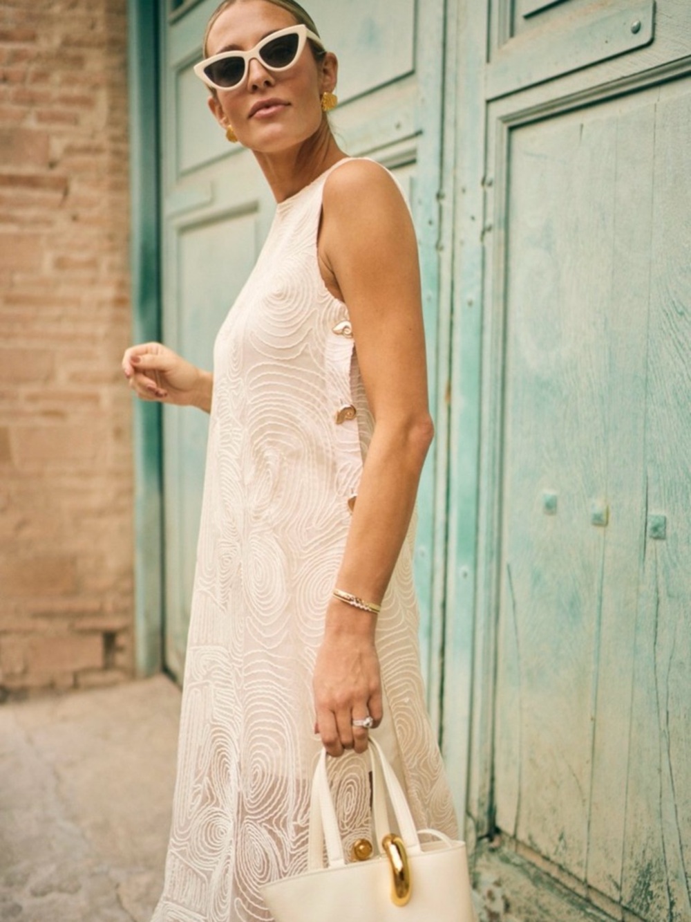 ANTONIO MELANI Ivory Textured Sleeveless Midi Dress with Side Button Detail